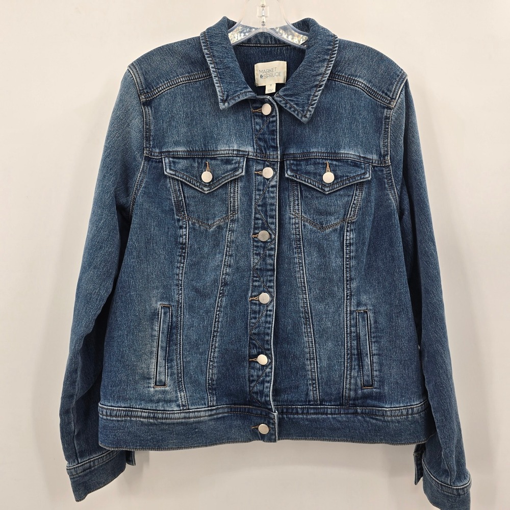 Market & Spruce Denim Jacket Womens1X Medium Wash Denim Trucker Stretch